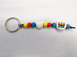 CERAMIC BEAD YELLOW RED BLUE BUTTERFLY DISC &amp; WHITE HEART SHAPE KEY CHAI... - $5.99