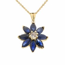Solid 10k Yellow Gold Genuine Sapphire and Diamond Daisy Pendant Necklace - £125.20 GBP+