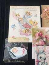Set of 8 Vintage 40s illustrated Birth/Baby card art (Set D) image 2