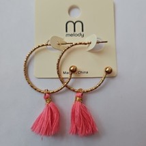 Earrings 1.25&quot; C-Hoop Pink Tassel Gold Tone Stud Pair Boho Daily Wear - $7.67