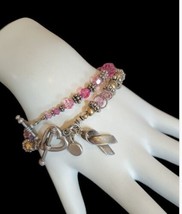 2 Australian Crystals Breast Cancer Sterling Ribbon Charm Bracelets 7.5&quot; - £34.39 GBP