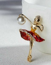 Vintage Look Gold Plated Dance Girl Lady Brooch Suit Coat Red Broach Pin HA15 - £9.75 GBP