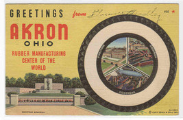 Greetings Akron Ohio Rubber Tire Center of World linen postcard - $5.94