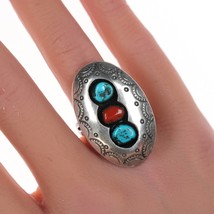 sz6 Vintage Navajo silver, turquoise, and coral shadowbox ring - $74.25