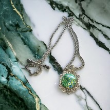 Green Glass Opal on Antique Silver plate necklace  Vintage look! - £19.61 GBP