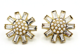 Vintage Gold Tone Baguette Pearl Snowflake Sunburst Earrings - £15.46 GBP