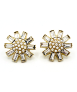 Vintage Gold Tone Baguette Pearl Snowflake Sunburst Earrings - £15.82 GBP