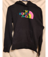 North Face Hoodie Womens Small Pullover Sweater Black Neon Logo Printing - $14.85