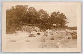 RPPC Victorian Ladies With Terrier Dog On Rocky Beach At Wareham MA Postcard A46 - £28.16 GBP