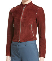 Maroon Color Women Genuine Suede Leather Jacket, Silver Studded Front Zi... - £112.57 GBP