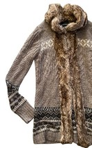 Cynthia Rowley Cardigan Women Medium Cable-Knit Faux Fur Trim Open Sweater image 2