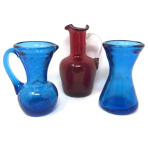 VTG Crackle Glass Mini Pitchers &amp; Vase Hand Blown Art Glass Blue Red Lot... - $27.99