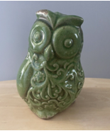 Ceramic Owl Figurine Green Glaze Crackling Retro Antiqued 8&quot; Wise Old Owl - $14.72