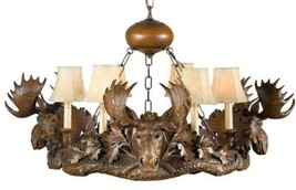 Chandelier 3 Moose Heads 6-Light Hand-Cast Resin OK Casting Faux Leather Shades - £2,269.37 GBP
