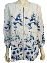 Chico&#39;s White and Blue Floral Zip Front Long Sleeve Lightweight Jacket Sz XL - £29.75 GBP