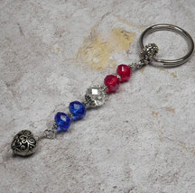 Crystal Heart Beaded Handmade Patriotic Keychain Split Key Ring Red Blue Silver - £11.93 GBP