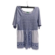 Sara Morgan Womens Size L Knit Top Shirt Tunic Blue White Short Sleeve Smocked C - $9.89