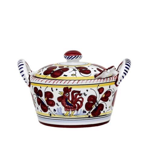 Primary image for Bowl With Spoon ORVIETO ROOSTER Deruta Majolica Red Ceramic Handmade Dishwasher