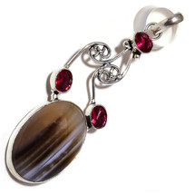 Botswana Agate, Tourmaline Gemstone 925 Silver Overlay Handmade Artisan Pendant - £9.55 GBP