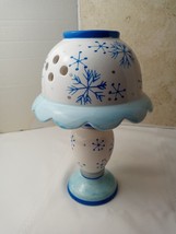 Votive Candle Holder Lamp Hand Painted Ceramic Blue Snowflakes 2 Pc 10&quot; - £8.89 GBP