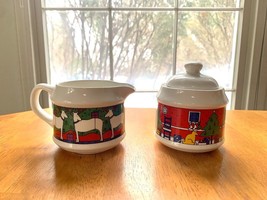 Vintage Houze Christmas ceramic Creamer and Sugar Bowl , 1980s - $18.70