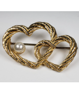 VTG 1980's AAI Gold Tone Double Interlocking Hearts w/Faux Pearl Marked ... - $18.87