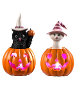 Halloween Figurines Set of 2, Cat and Owl on Pumpkin Decor with LED Ligh... - $41.73 CAD