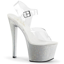 PLEASER SKY-308MG Women&#39;s 7&quot; Heel Platform Ankle Strap W/Mini Glitter Shoes - £46.32 GBP