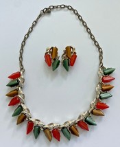 Unique Red Green and Brown Shard Bead Necklace &amp; Clip On Earrings #47 - £19.97 GBP