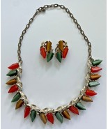 Unique Red Green and Brown Shard Bead Necklace &amp; Clip On Earrings #47 - £19.63 GBP
