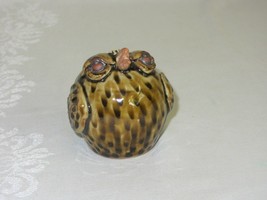 Ceramic Owl Signed BEVAN Vintage Small Figurine Brown Shiny Glaze Shaker Inside - £23.87 GBP