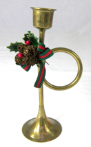Brass HORN CANDLESTICK Christmas Holiday Decor with Holly &amp; Ribbon 6.75&quot; tall - £10.04 GBP
