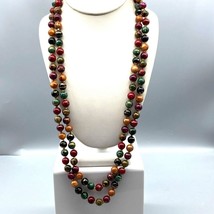 Vintage Autumn Beaded Necklace, Fall Colors Long Strand with Gold Tone Splatter - £29.85 GBP