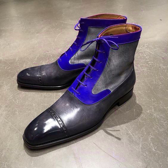 NEW Handmade Men Gray Black Blue Color boot, Mens Lace Up Leather Suede Cap Toe