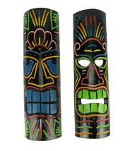 Brightly Colored Wood 20 inch Tall Tiki Totem Masks Set of 2 - $49.49