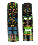 Brightly Colored Wood 20 inch Tall Tiki Totem Masks Set of 2 - £38.92 GBP