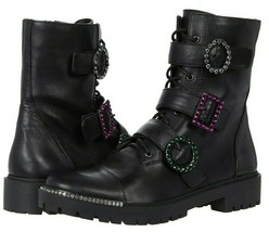 Jessica Simpson Kirlah RhS Buckle Detail Leather Combat Boots, Multi Sizes Black - £109.67 GBP