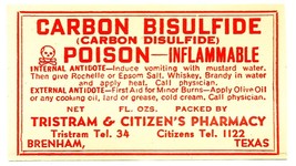 1 Antique Pharmacy Label CARBON BISULFIDE Poison Tristram &amp; Citizen&#39;s Ph... - $28.11