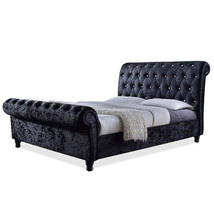 Queen Or King Black Velvet Upholstered Faux Crystal Buttoned Platform Sleigh Bed - £783.96 GBP+