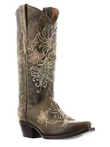 Womens Floral Leather Cowboy Boots Embroidered Brown Snip Toe Botas Size 5.5 - £85.45 GBP