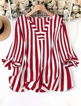 Red and White Striped Spring or Summer V Neck Mid Sleeve Long Plus Size Top - $47.95