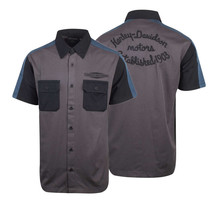 Harley-Davidson Men&#39;s Grey Black Blue Est. 1903 Colorblock S/S Woven Shirt (S36) - £32.95 GBP