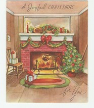 Vintage Christmas Card Fireplace Tree Gifts Books Rug Hawthorne Sommerfield - £6.22 GBP
