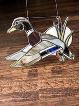 Vintage Stained Glass Mallard Duck Suncatcher Leaded Glass Flying Lodge ... - $25.00