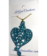 Necklace Blue Metallic Thread Heart Design 18 in. Chain Machine Embroide... - £10.08 GBP