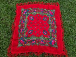 Vintage Red Floral Cotton Head Scarf with Tassels, Slavic ethnic clothing - $35.00