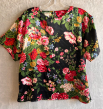 Vintage 100% Silk Dark Floral Roses Short Sleeve Blouse Women XL - £22.27 GBP