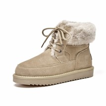 Warm Fur Boots Women Cow Suede Leather Cross Tied Ankle Boots Winter Wool Female - £127.96 GBP