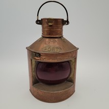 Vintage Tung Woo Copper Nautical Oil Ship PORT Red Glass Globe Hanging Lantern - $79.19