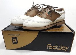 New Footjoy Greenjoys Golf Shoes Womens 6.5 M Brown White Saddle Wingtip Cleats - £18.16 GBP